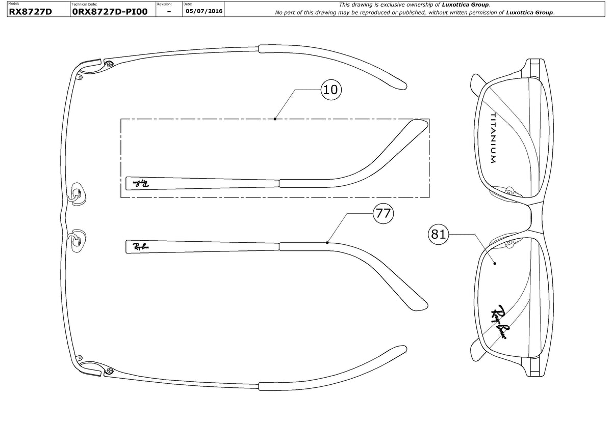 Exploded technical drawing of the Ray-Ban RX8727D Glasses Replacement Parts, with each replacement part numbered