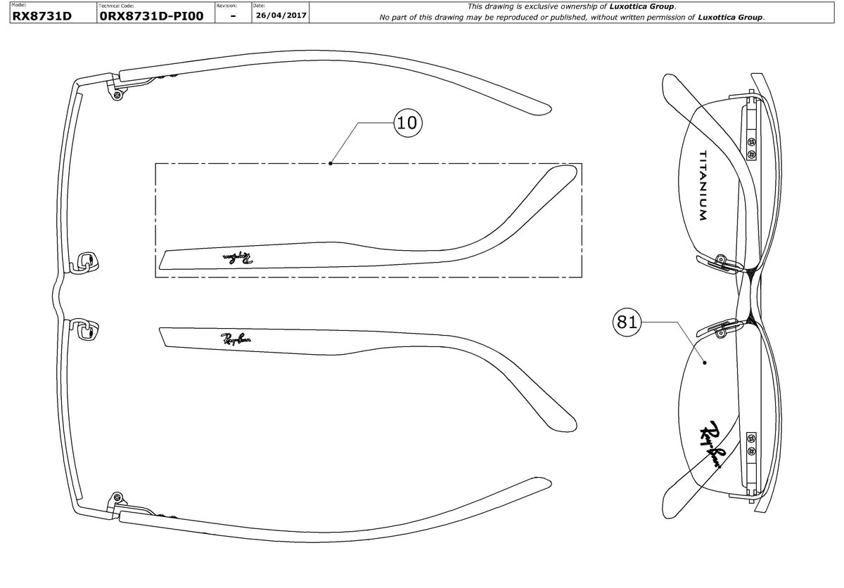 Enlarged technical drawing of the Ray-Ban RX8731D Glasses Replacement Parts