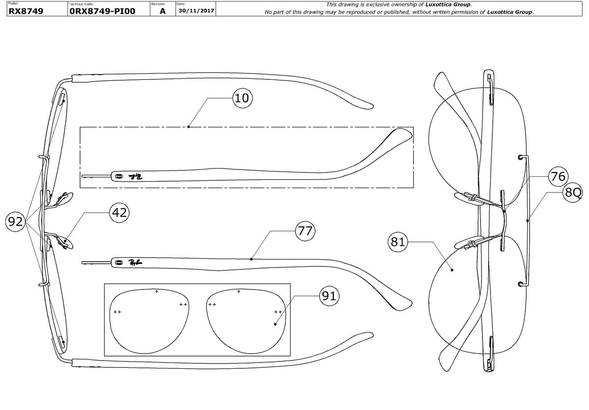 Enlarged technical drawing of the Ray-Ban RX8749 Glasses Replacement Parts