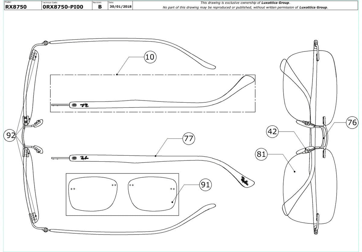 Enlarged technical drawing of the Ray-Ban RX8750 Glasses Replacement Parts