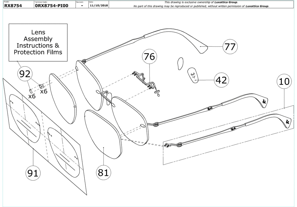 Exploded technical drawing of the Ray-Ban RX8754 Glasses Replacement Parts, with each replacement part numbered
