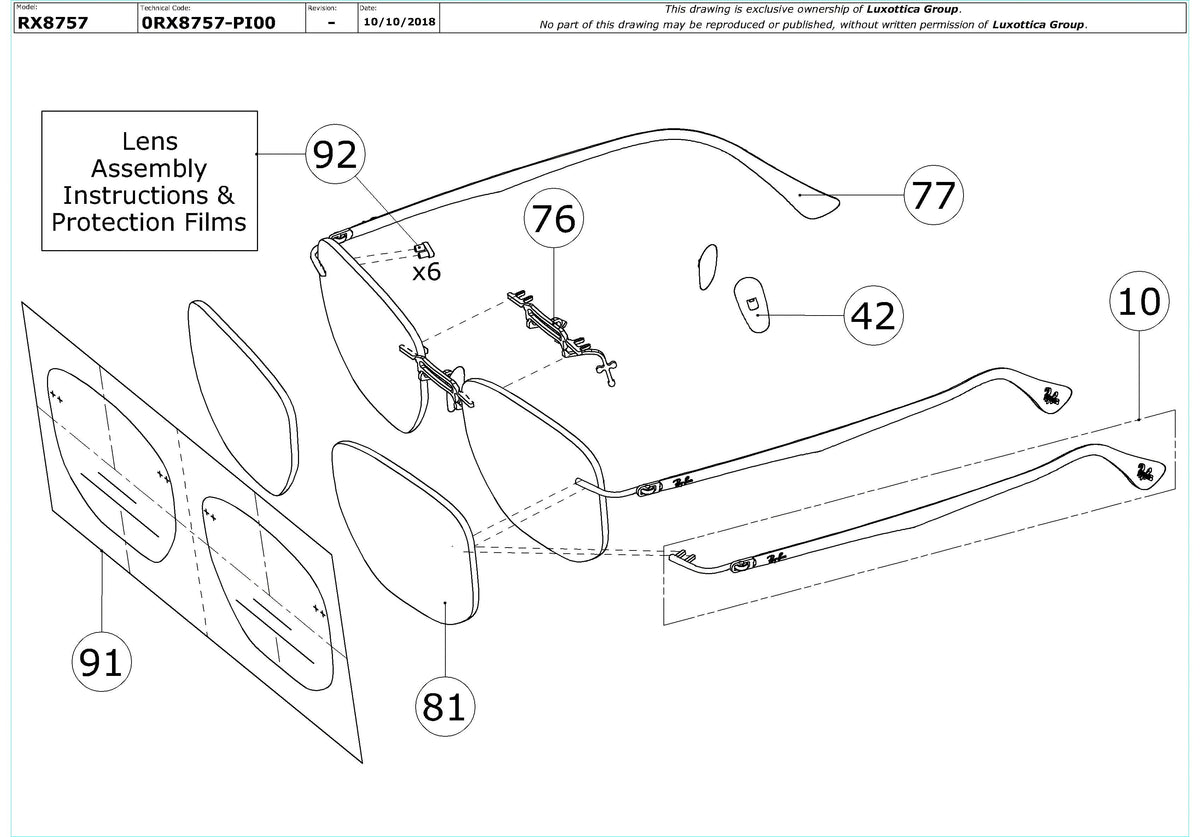 Exploded technical drawing of the Ray-Ban RX8757 Glasses Replacement Parts, with each replacement part numbered