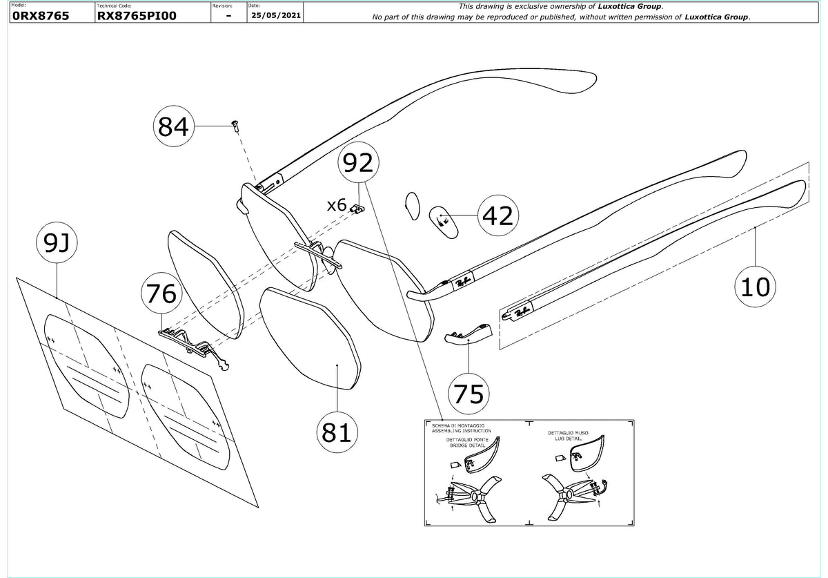 Exploded technical drawing of the Ray-Ban RX8765 Glasses Replacement Parts, with each replacement part numbered