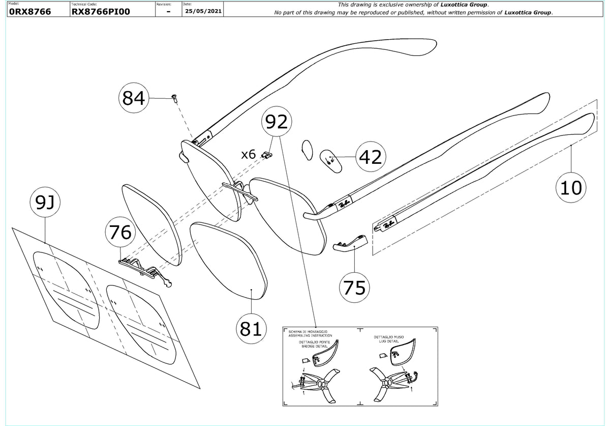 Exploded technical drawing of the Ray-Ban RX8766 Glasses Replacement Parts, with each replacement part numbered