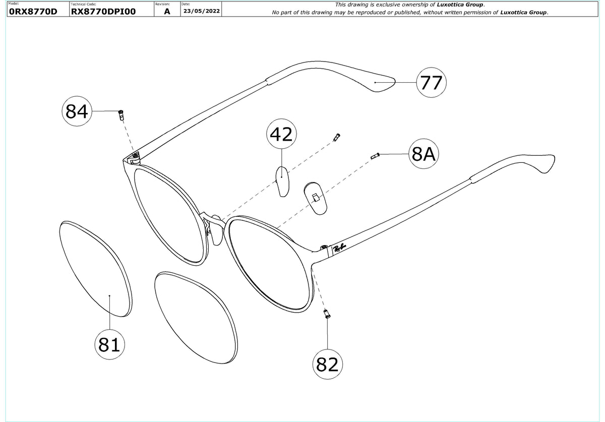 Exploded technical drawing of the Ray-Ban RX8770D Glasses Replacement Parts, with each replacement part numbered