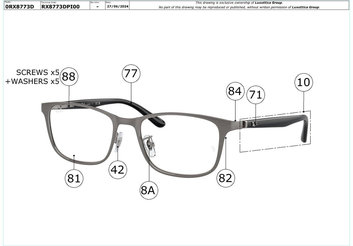 Exploded technical drawing of the Ray-Ban RX8773D Glasses Replacement Parts, with each replacement part numbered