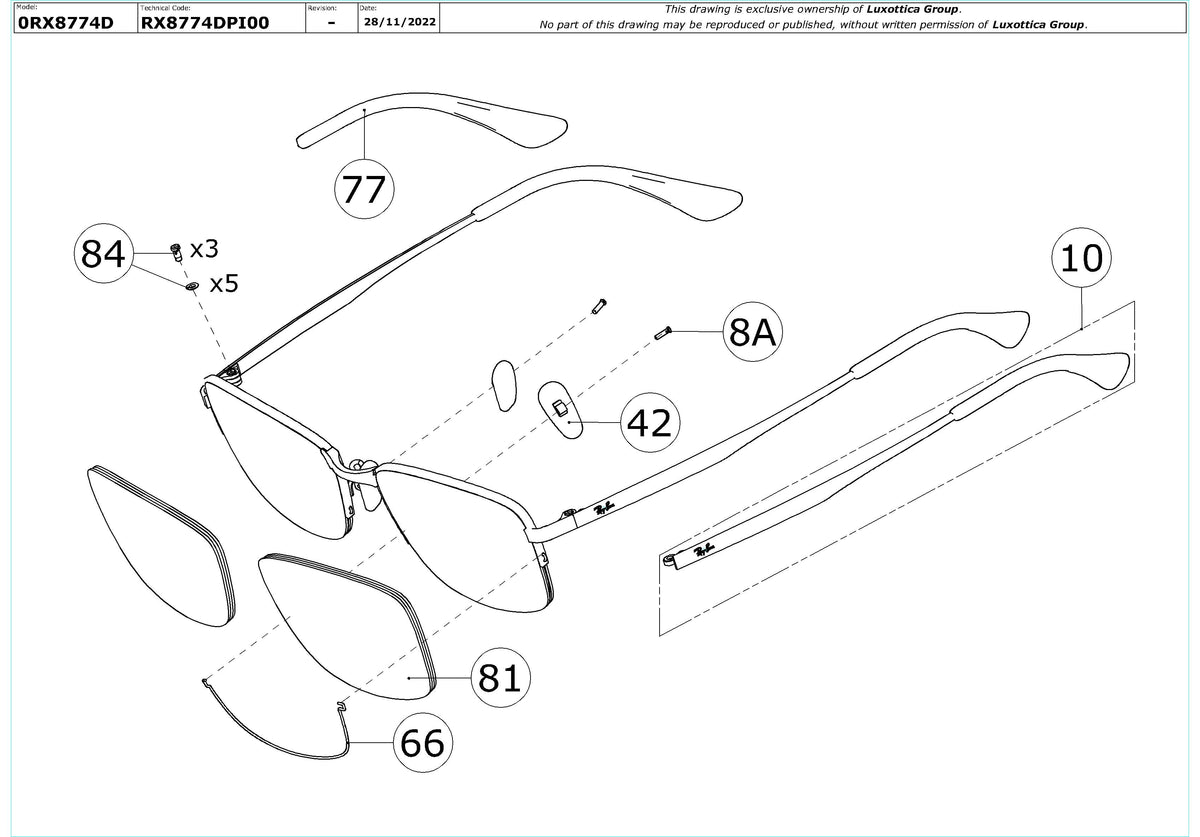 Enlarged technical drawing of the Ray-Ban RX8774D Glasses Replacement Parts