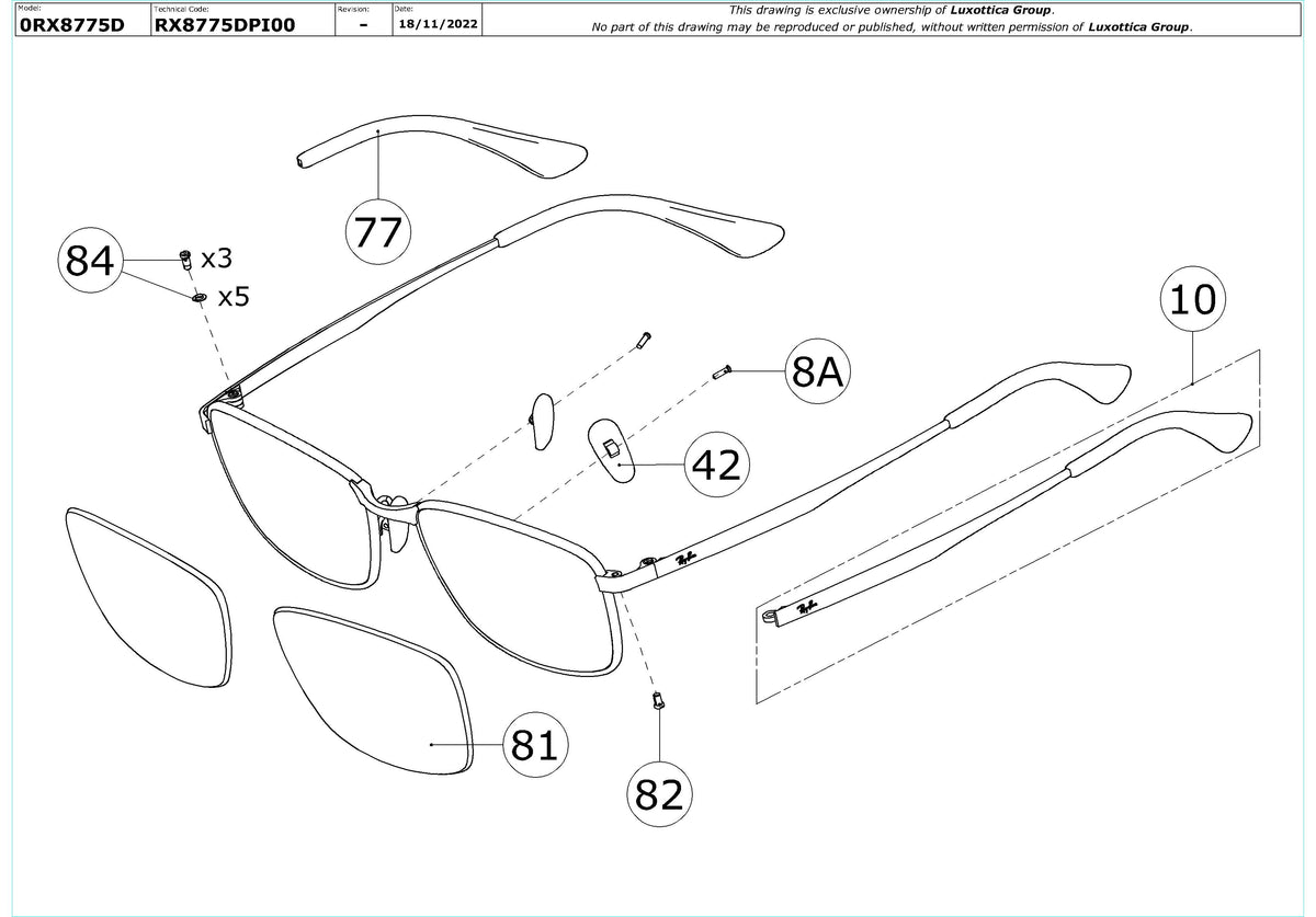 Exploded technical drawing of the Ray-Ban RX8775D Glasses Replacement Parts, with each replacement part numbered