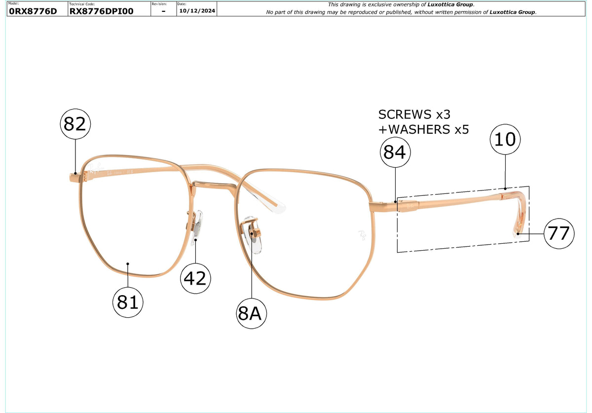 Enlarged technical drawing of the Ray-Ban RX8776D Glasses Replacement Parts