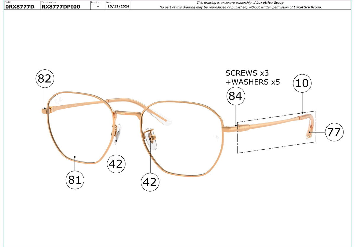 Enlarged technical drawing of the Ray-Ban RX8777D Glasses Replacement Parts