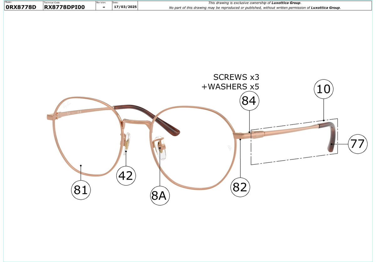 Enlarged technical drawing of the Ray-Ban RX8778D Glasses Replacement Parts