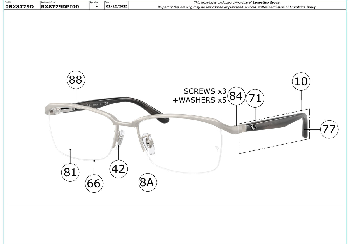 Enlarged technical drawing of the Ray-Ban RX8779D Glasses Replacement Parts