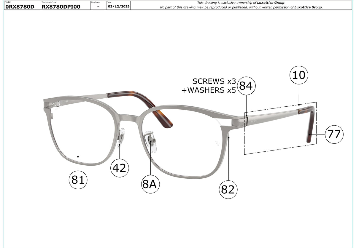 Enlarged technical drawing of the Ray-Ban RX8780D Glasses Replacement Parts