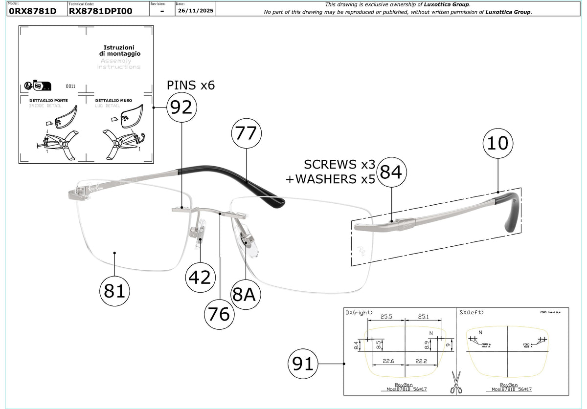 Enlarged technical drawing of the Ray-Ban RX8781D Glasses Replacement Parts