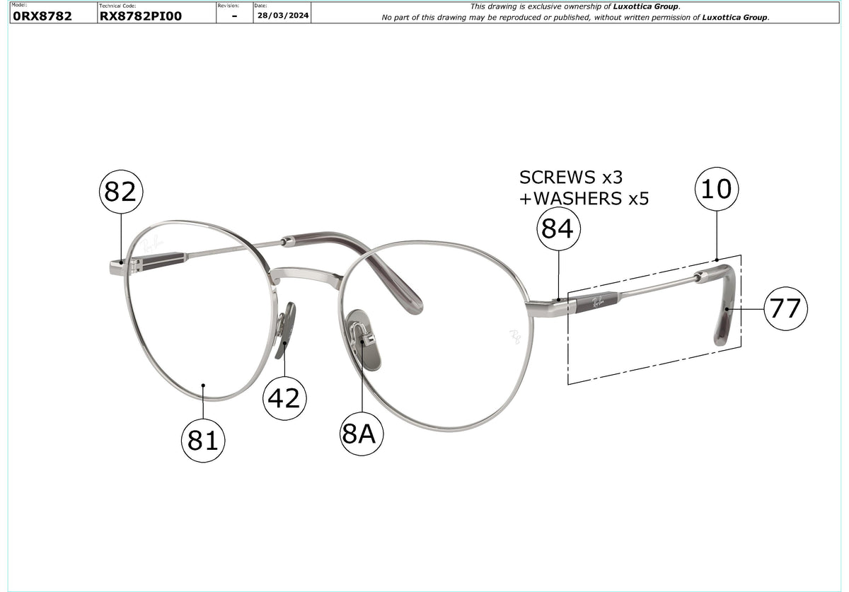 Exploded technical drawing of the Ray-Ban David Titanium RX8782 Glasses Replacement Parts, with each replacement part numbered