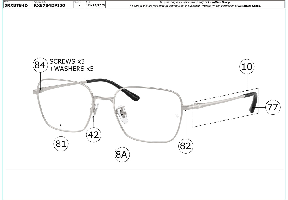 Exploded technical drawing of the Ray-Ban RX8784D Glasses Replacement Parts, with each replacement part numbered