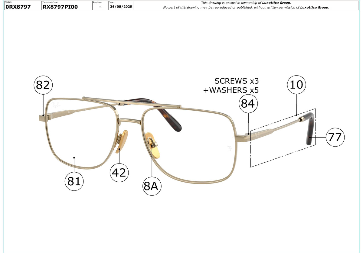 Enlarged technical drawing of the Ray-Ban William Titanium RX8797 Glasses Replacement Parts
