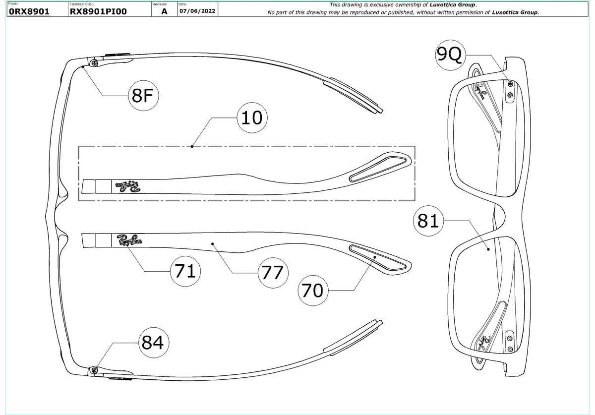 Exploded technical drawing of the Ray-Ban RX8901 Glasses Replacement Parts, with each replacement part numbered