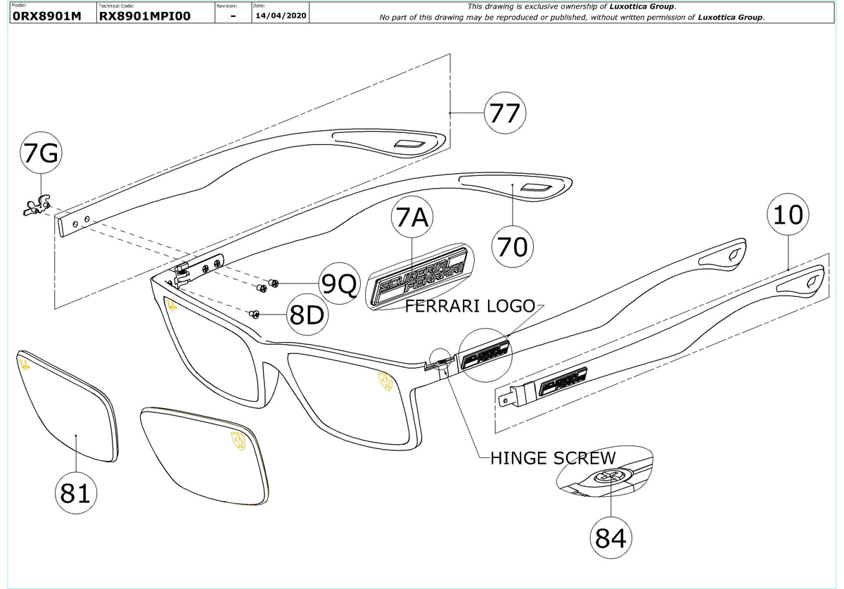 Enlarged technical drawing of the Ray-Ban Ferrari RX8901M Glasses Replacement Parts