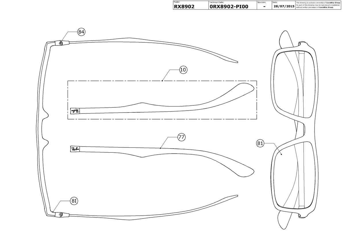 Enlarged technical drawing of the Ray-Ban RX8902 Glasses Replacement Parts