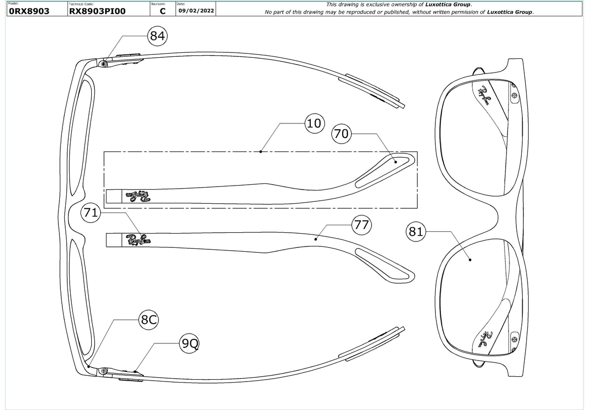 Enlarged technical drawing of the Ray-Ban RX8903 Glasses Replacement Parts