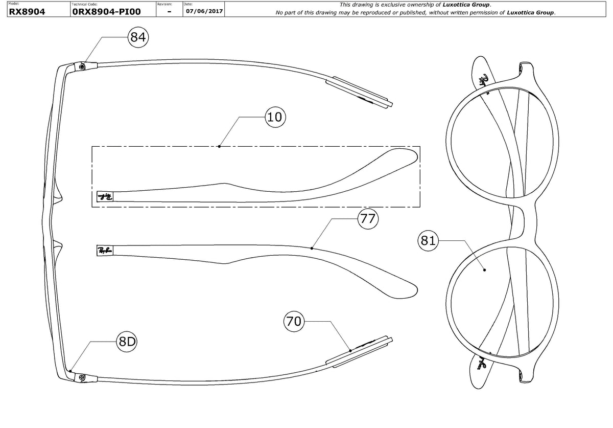 Exploded technical drawing of the Ray-Ban RX8904 Glasses Replacement Parts, with each replacement part numbered