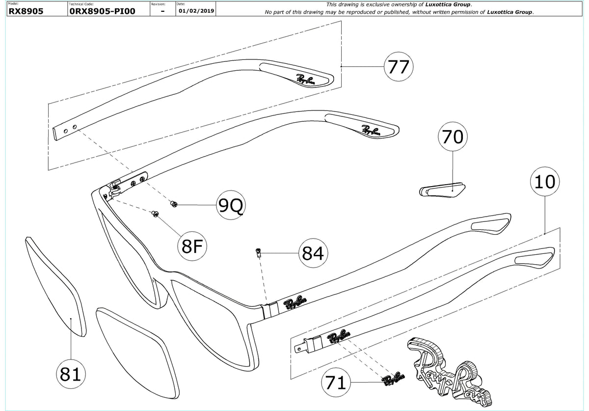 Enlarged technical drawing of the Ray-Ban RX8905 Glasses Replacement Parts
