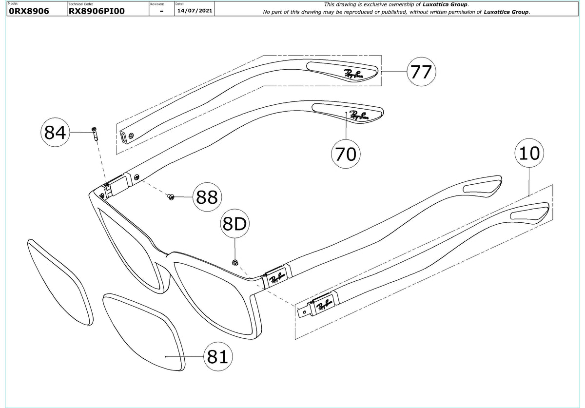 Enlarged technical drawing of the Ray-Ban RX8906 Glasses Replacement Parts