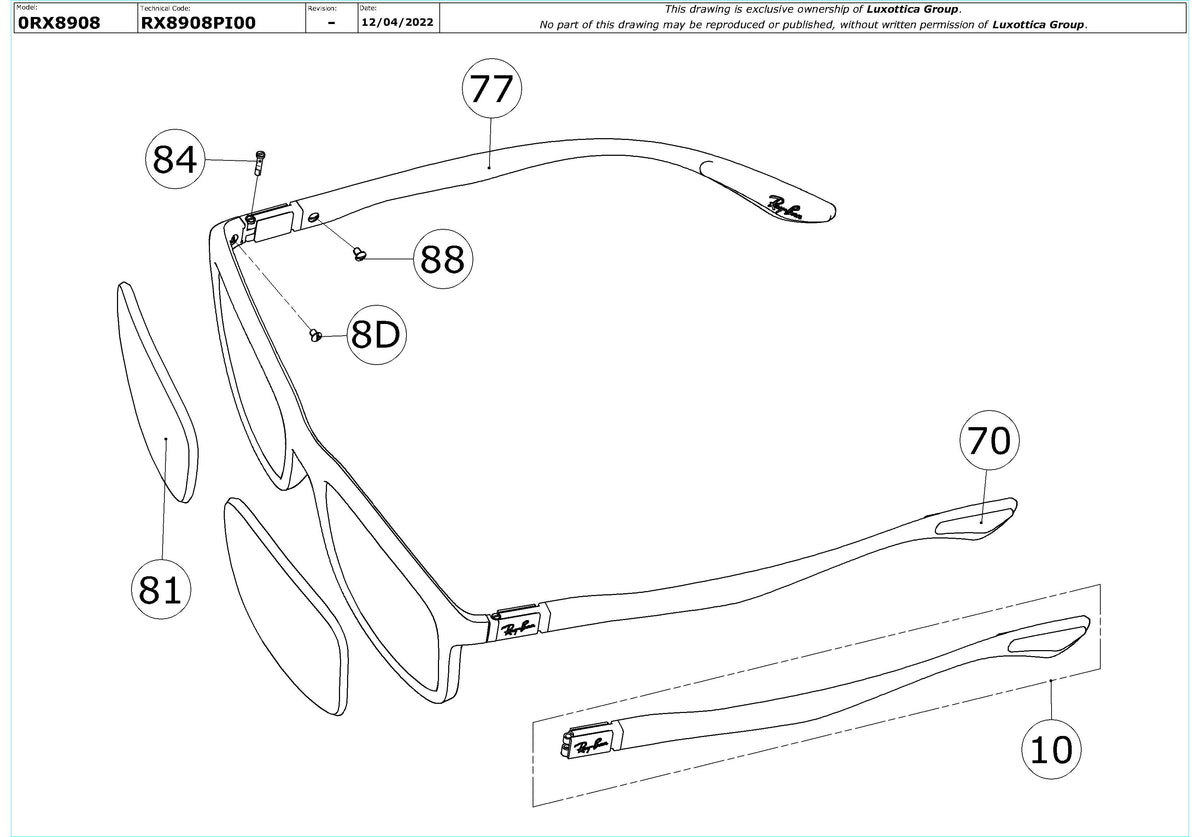 Enlarged technical drawing of the Ray-Ban RX8908 Glasses Replacement Parts