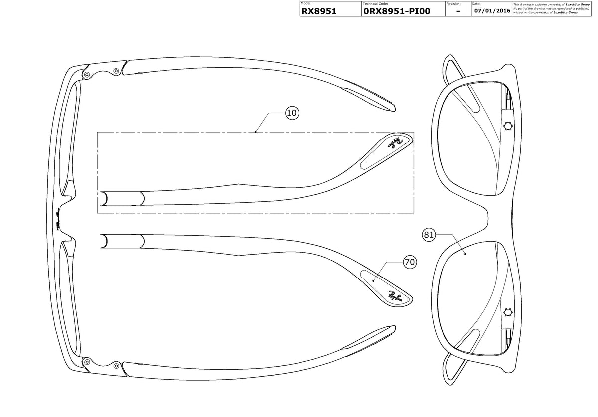 Exploded technical drawing of the Ray-Ban RX8951 Glasses Replacement Parts, with each replacement part numbered