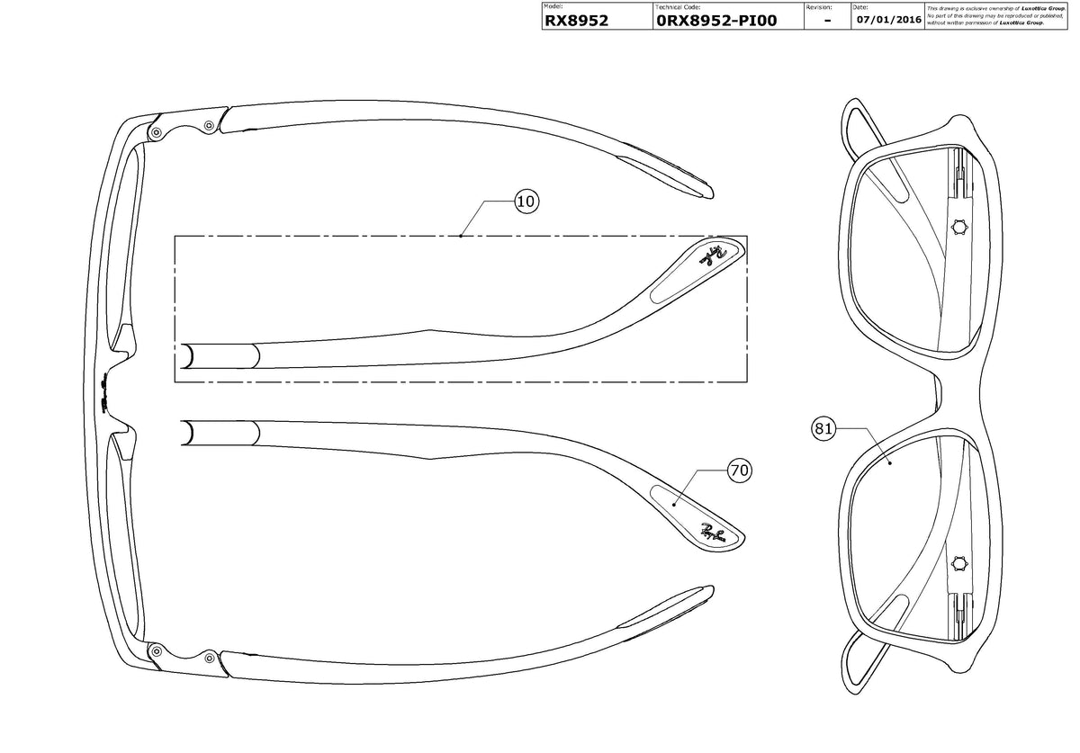 Exploded technical drawing of the Ray-Ban RX8952 Glasses Replacement Parts, with each replacement part numbered
