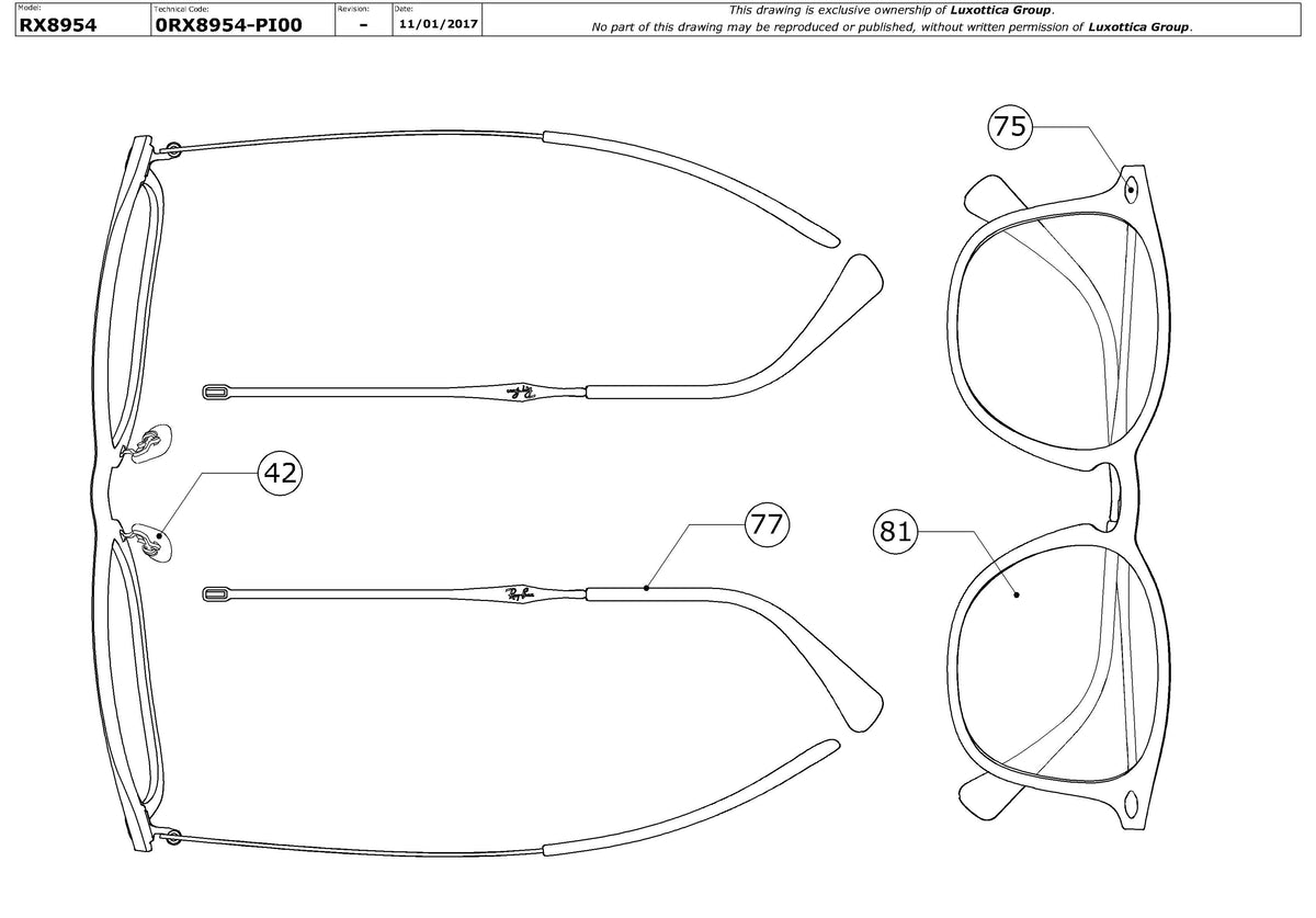 Exploded technical drawing of the Ray-Ban RX8954 Glasses Replacement Parts, with each replacement part numbered