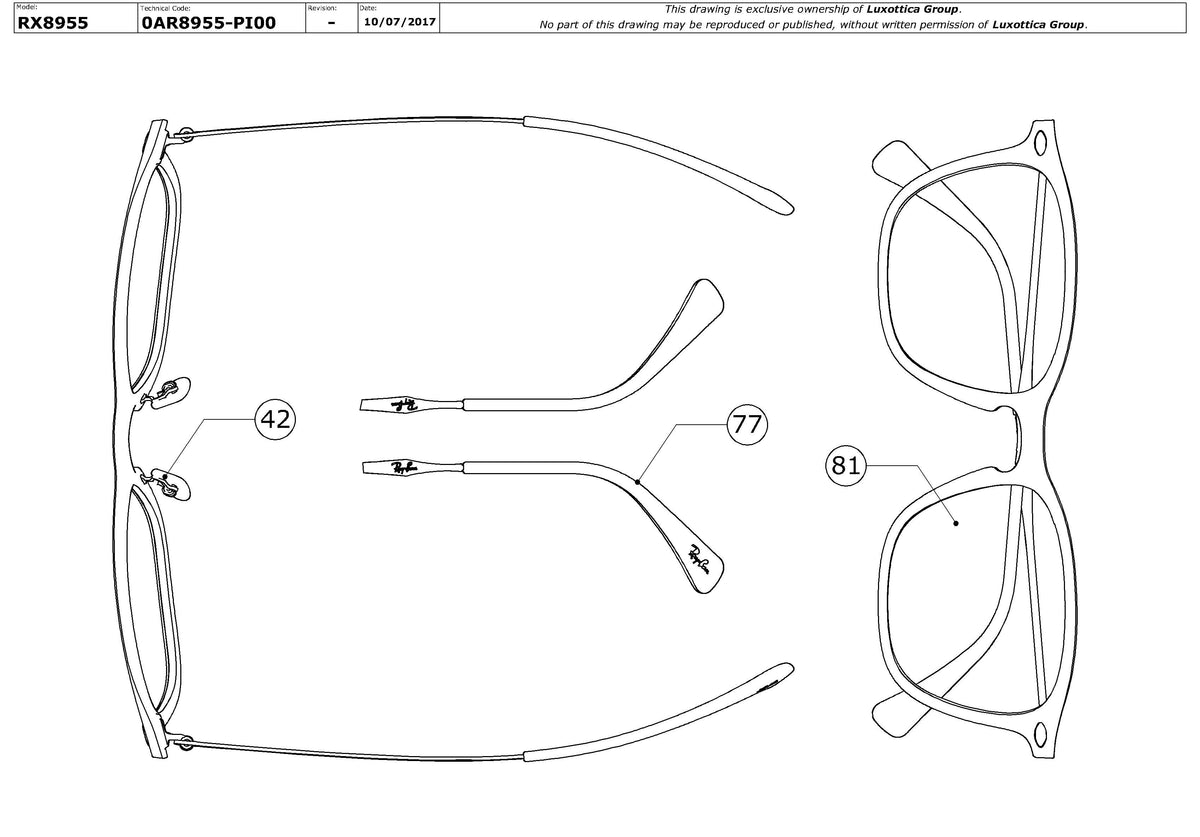 Enlarged technical drawing of the Ray-Ban RX8955 Glasses Replacement Parts