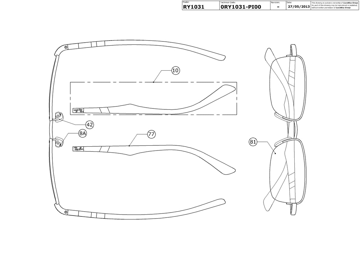 Enlarged technical drawing of the Ray-Ban Junior RY1031 Glasses Replacement Parts