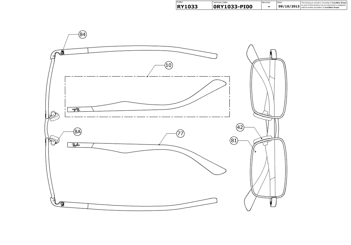 Exploded technical drawing of the Ray-Ban Junior RY1033 Glasses Replacement Parts, with each replacement part numbered