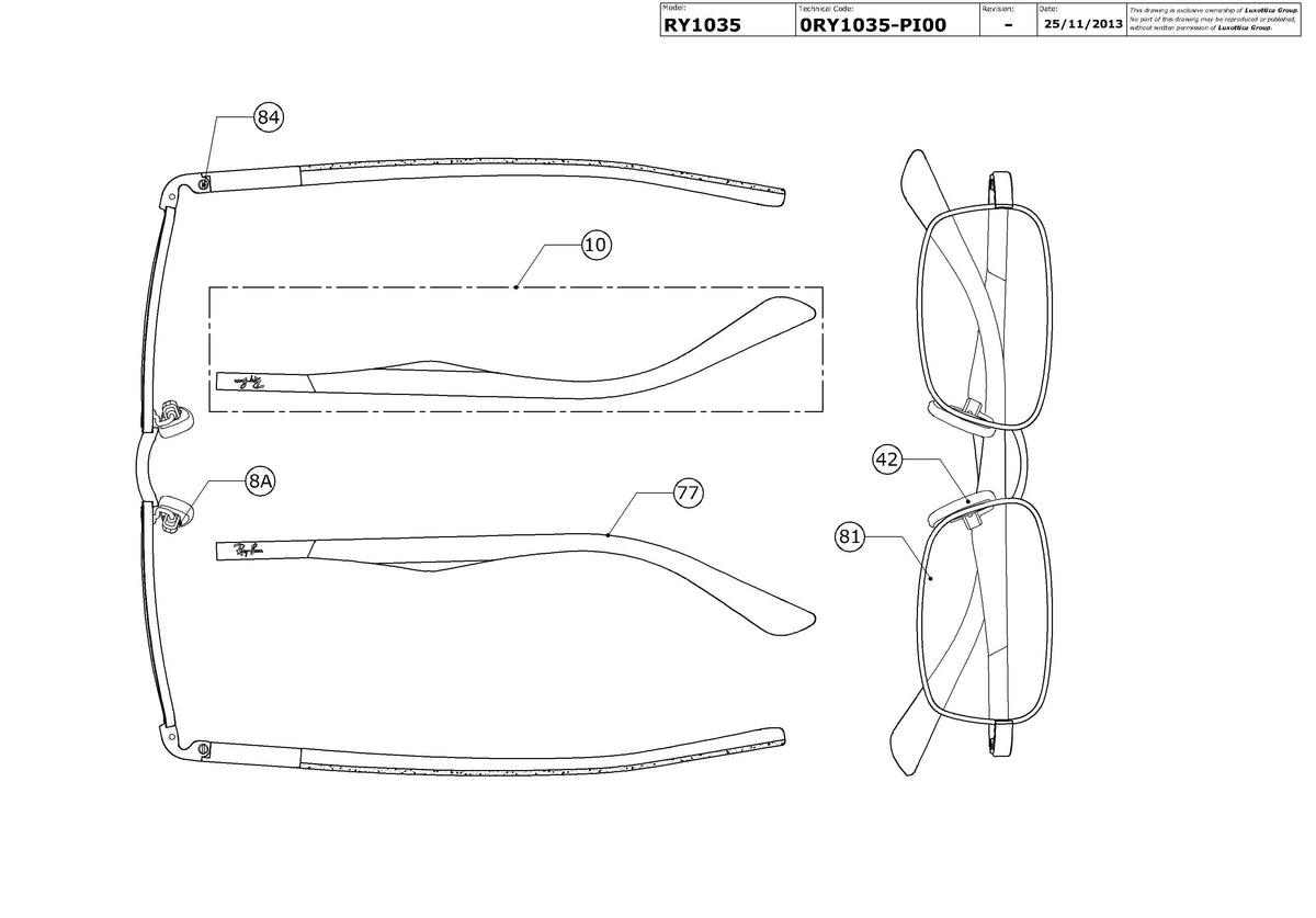 Exploded technical drawing of the Ray-Ban Junior RY1035 Glasses Replacement Parts, with each replacement part numbered