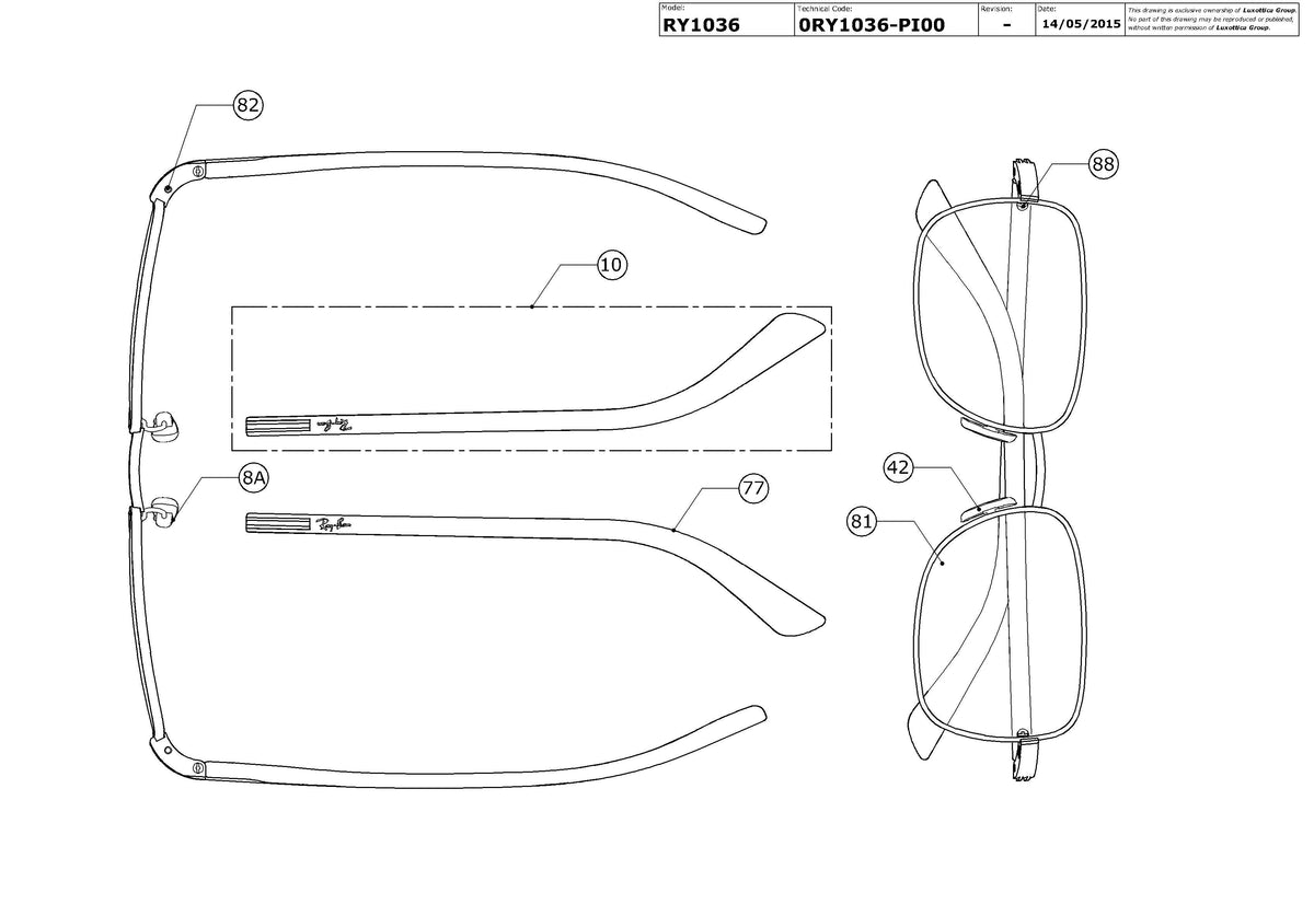 Enlarged technical drawing of the Ray-Ban Junior RY1036 Glasses Replacement Parts