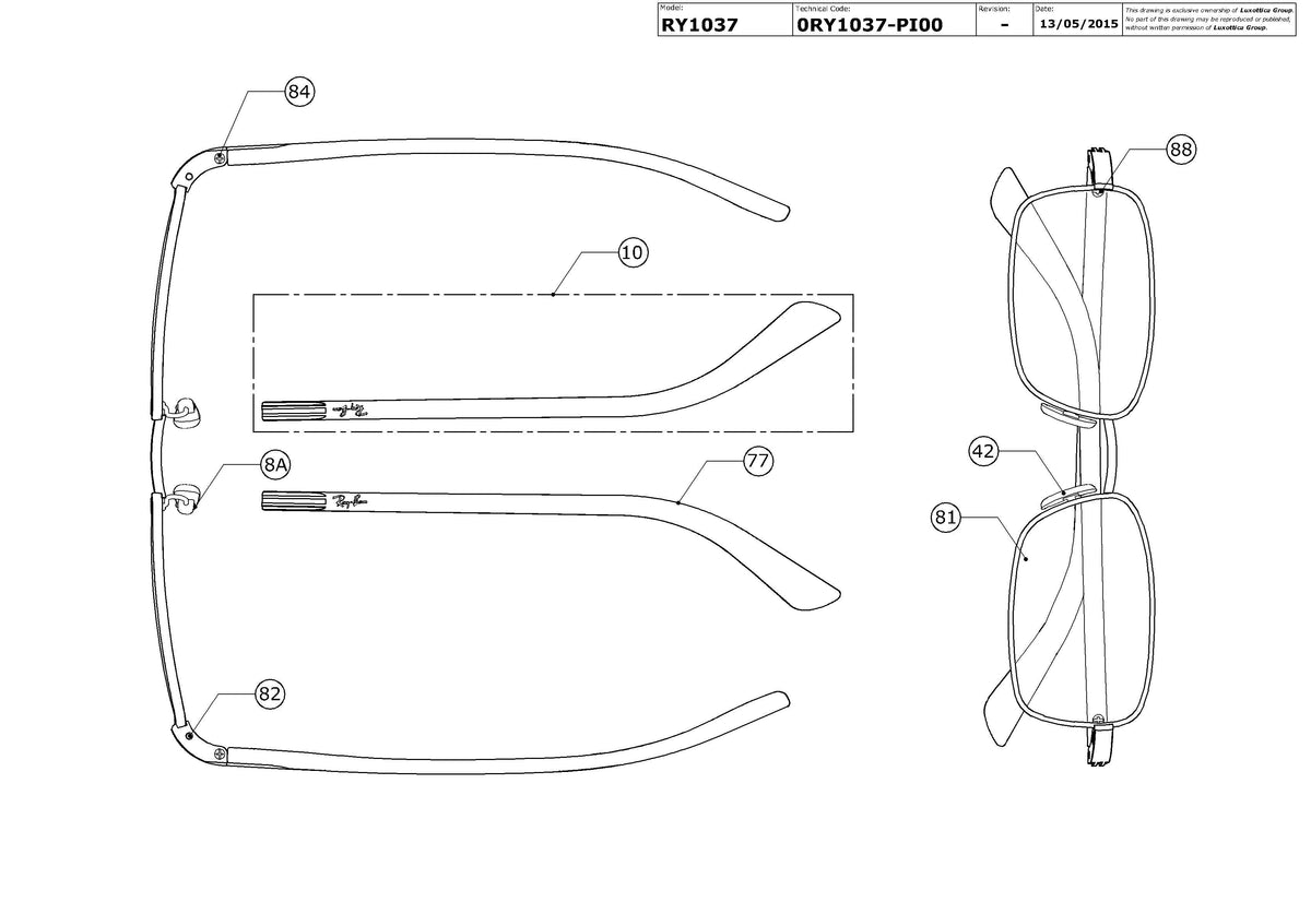 Enlarged technical drawing of the Ray-Ban Junior RY1037 Glasses Replacement Parts
