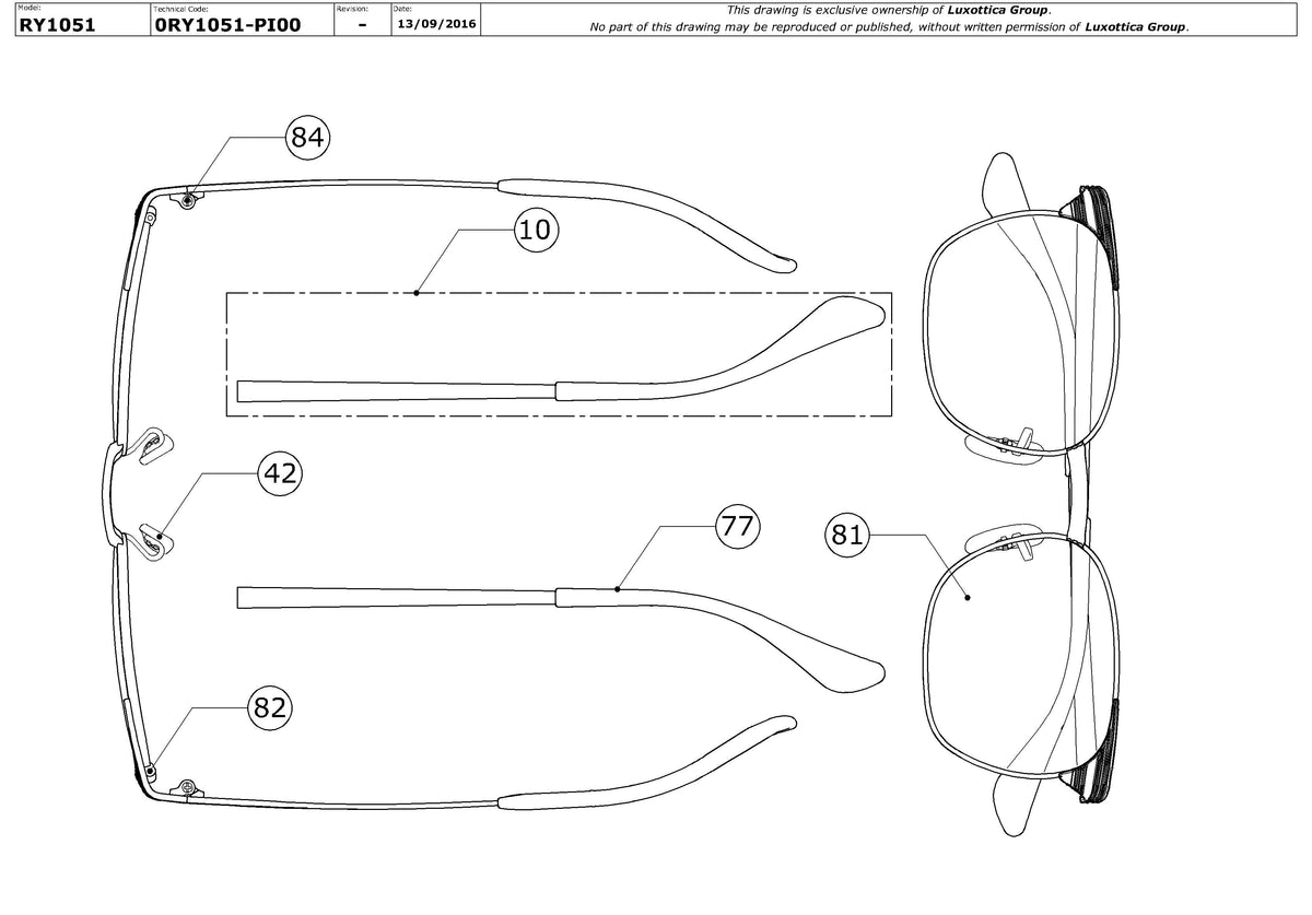 Exploded technical drawing of the Ray-Ban Junior RY1051 Glasses Replacement Parts, with each replacement part numbered
