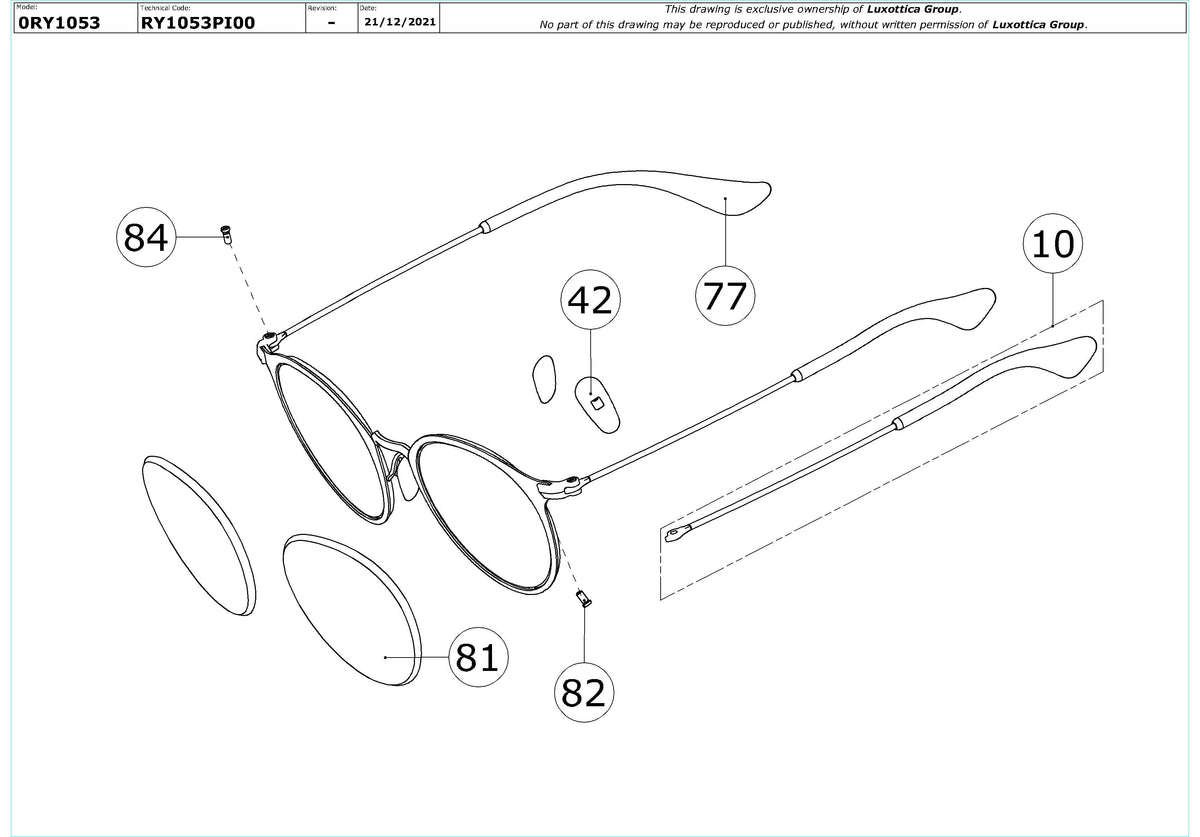 Enlarged technical drawing of the Ray-Ban Junior RY1053 Glasses Replacement Parts