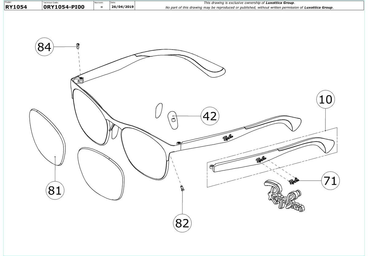 Enlarged technical drawing of the Ray-Ban Junior RY1054 Glasses Replacement Parts