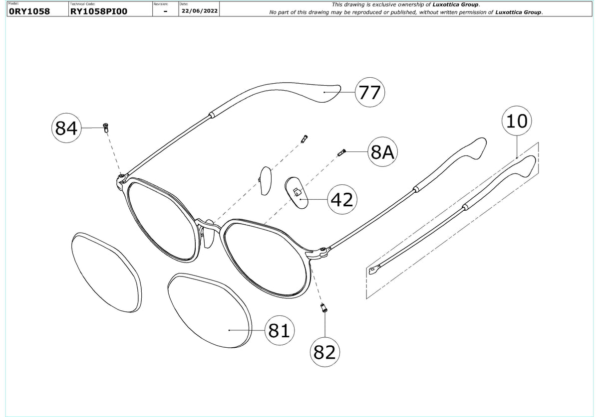 Exploded technical drawing of the Ray-Ban Junior RY1058 Glasses Replacement Parts, with each replacement part numbered