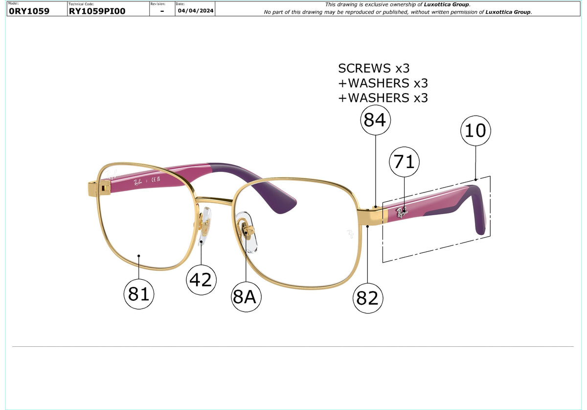 Enlarged technical drawing of the Ray-Ban Junior RY1059 Glasses Replacement Parts