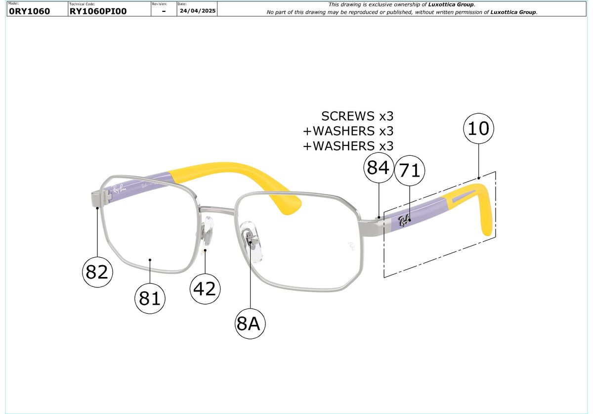 Enlarged technical drawing of the Ray-Ban Junior RY1060 Glasses Replacement Parts