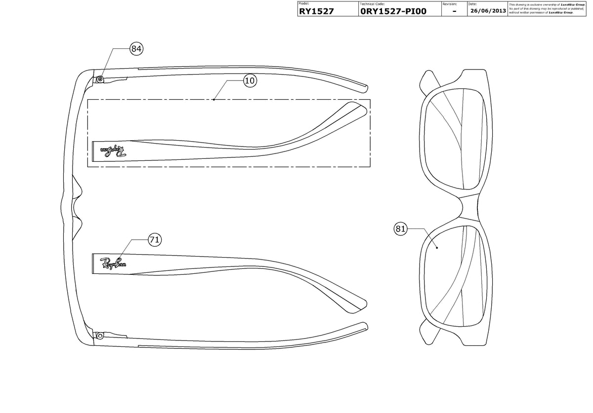 Enlarged technical drawing of the Ray-Ban Junior RY1527 Glasses Replacement Parts