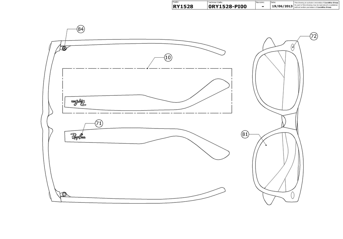 Enlarged technical drawing of the Ray-Ban Junior RY1528 Glasses Replacement Parts