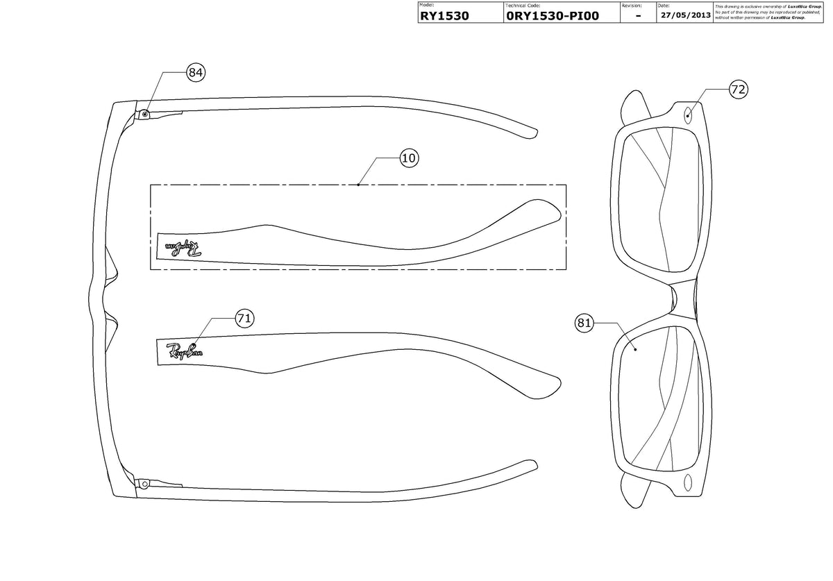 Enlarged technical drawing of the Ray-Ban Junior RY1530 Glasses Replacement Parts