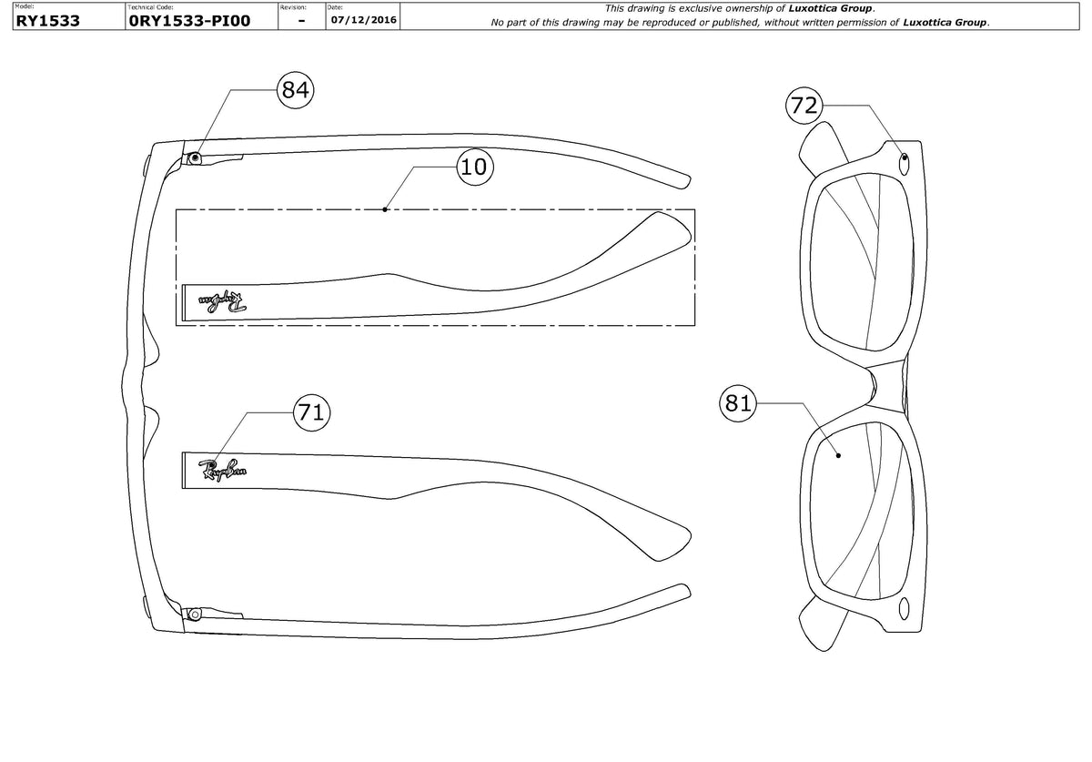 Enlarged technical drawing of the Ray-Ban Junior RY1533 Glasses Replacement Parts