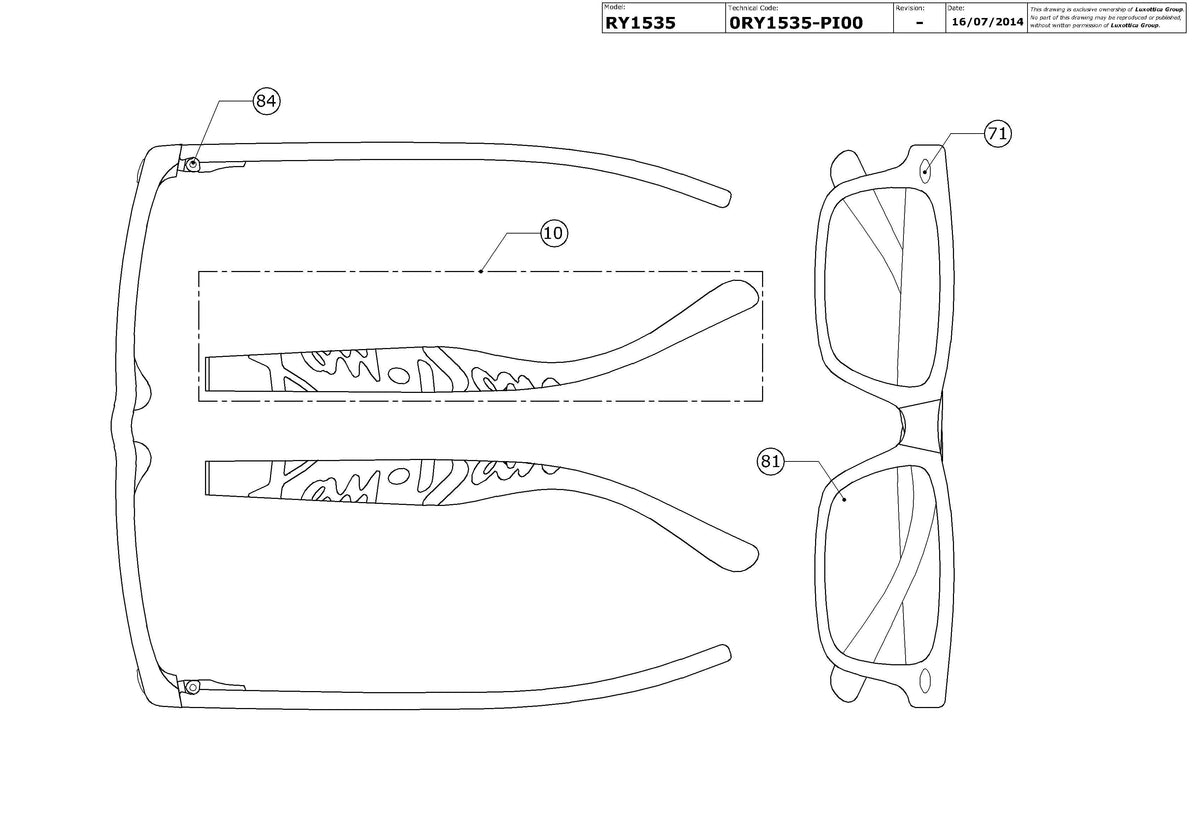 Exploded technical drawing of the Ray-Ban Junior RY1535 Glasses Replacement Parts, with each replacement part numbered