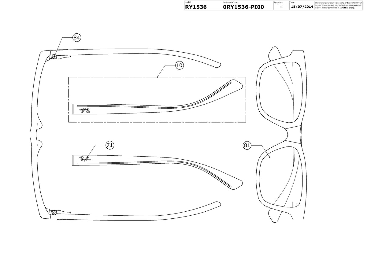 Exploded technical drawing of the Ray-Ban Junior RY1536 Glasses Replacement Parts, with each replacement part numbered
